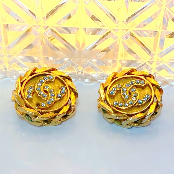 LOW START- CHANEL CC Logo Rhinestone Gold Tone Earrings - Picture 3 of 10